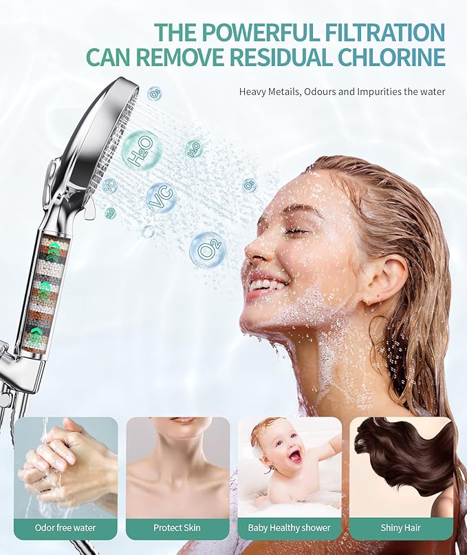 SR SUN RISE Filtered Shower Head with Handheld High Pressure 9 Spray Mode Showerhead Detachable Shower Head Water Softener Filters Beads for Hard Water Remove Chlorine 1 Filter Chrome