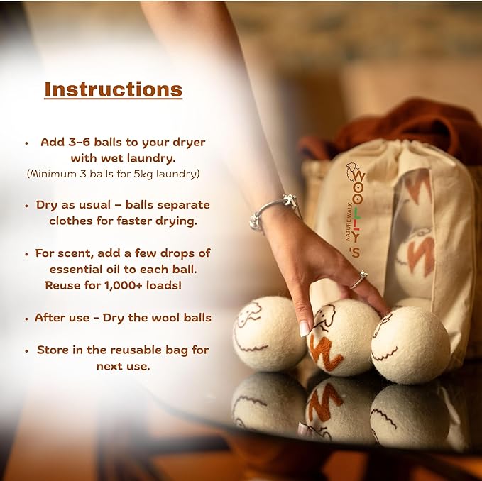 Woolly's Wool Dryer Balls – 100% Pure New Zealand Wool, Reusable Natural Fabric Softener, Reduces Drying Time & Clothes Wrinkles, Chemical-Free Dryer Balls (Pack of 3)