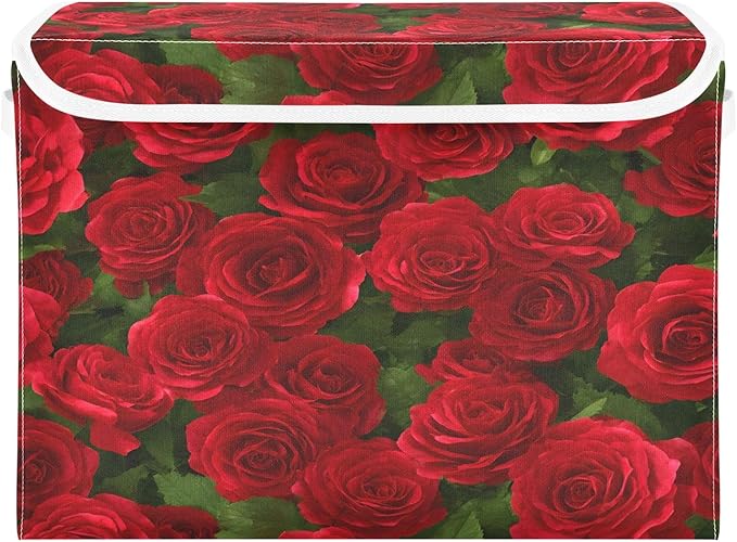 Bolaz Red Rose Leaves Pattern Storage Bins with Lids and Handles, Foldable Storage Box Storage Basket with Cover Collapsible Organizer Containers for Home Closet, Shelves
