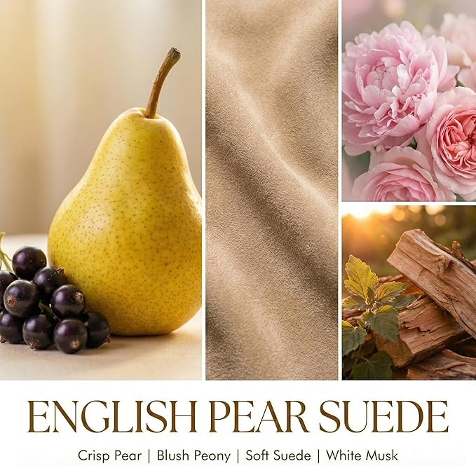 HomeLights Soy Wax Candles for Home Scented, 1-Wick Candles in English Pear & Suede Scented, Aromatherapy Candles Gift for Parties, Relaxing, Bohemian Natural Textures, 6.7oz