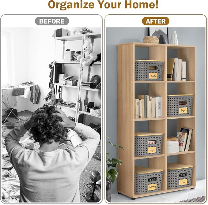 Stackable Storage Basket: Plastic Storage Bins, Baskets for Organizing, Pantry Decorative Containers for Closets, Cabinets, Shelves(8 Pack, Grey)