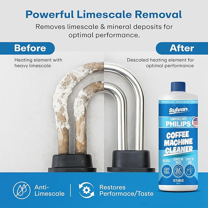 Descaling Solution Compatible with Philips Saeco | Free Cleaning Cloth | 12 Month Supply | Made in the USA | Descaler for Philips Machines | 32 Oz | Coffee Machine Cleaner and Decalcifier