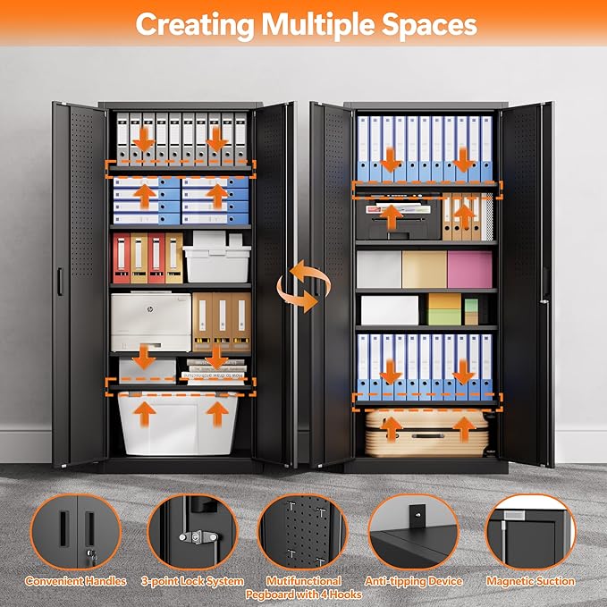 Aobabo 71" H×32" W×16" D Metal Storage Cabinet with 5 Adjustable Shelves, Locking Garage Storage Cabinet with Pegboards and 4 Hooks for Garage, Office, Black, Assembly Required