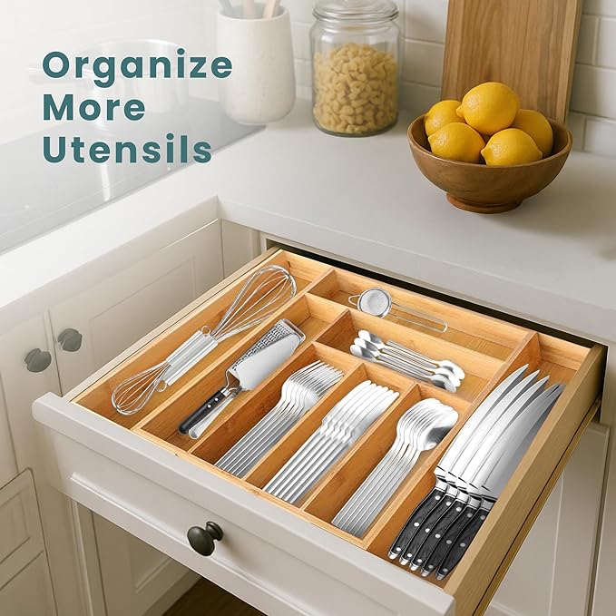 Sben Expandable Drawer Organizer for Utensils Holder, Adjustable Cutlery Tray, 6-8 Slots, Premium Wood Drawer Dividers Organizer for Silverware, Flatware, Knives for Kitchen (Bamboo)