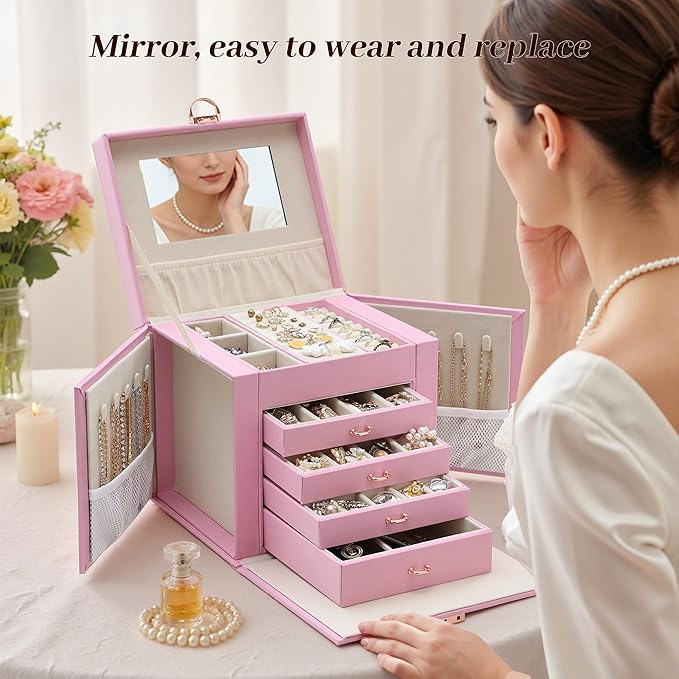 EnHomee Jewelry Box for Women, 5-Layer Large Jewelry Organizer with Mirror & 4 Drawers for Rings, Earrings, Necklaces, Bracelet Lockable Case with Lock (Pink + Gold)