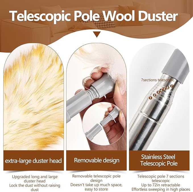 iHUFeather Lambswool Duster for Cleaning with Non-Slip Handle 98.4" Removable Retractable Feather Duster for Cleaning Ceiling Fans Window Blinds Interior Roof Furniture(1PCS)