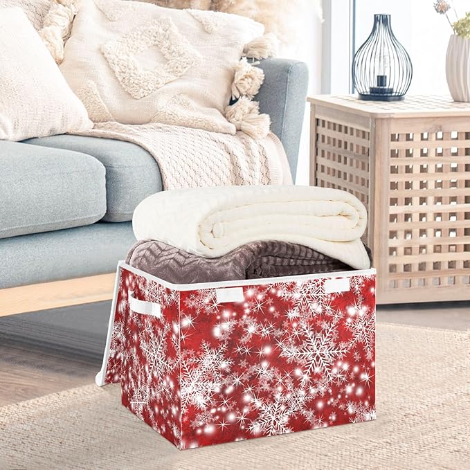 Christmas Baskets Collapsible Storage Bins with Lids, Christmas Background with Snowflakes Red Storage Boxes Clothes Baskets for Organizing