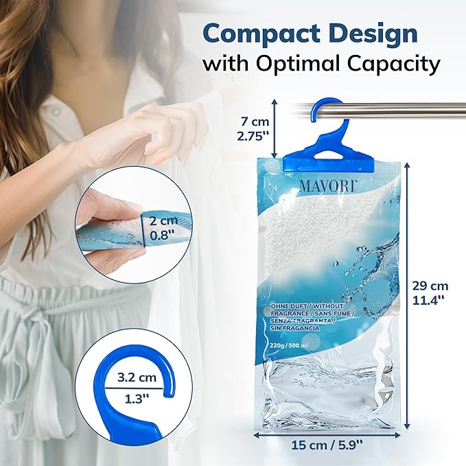 MAVORI Hanging Moisture Absorber Bags, Dehumidifier Bags for Closet, Wardrobe and Laundry Room, Reduce Moisture, Odors, and Dampness, Long-Lasting Humidity Control, 16.9 oz per Bag (Pack of 10)