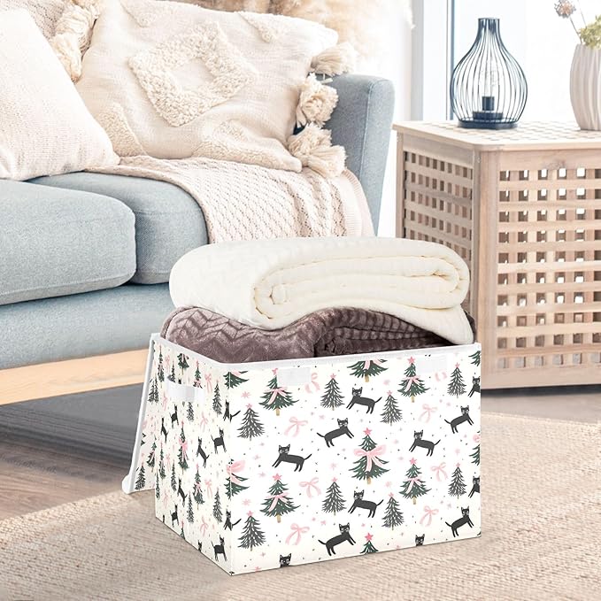 Bolaz Storage Bins with Lids and Handles,Pink Bows Cats Christmas Tree Pattern Storage Box Basket with Cover Collapsible Organizer Containers for Home Closet, Shelves