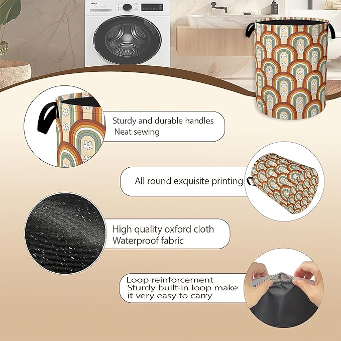 Collapsible Laundry Basket,Boho Rainbow Dirty Clothes Hamper,70s Groovy Flowers Hampers for Bedroom Waterproof Oxford Cloth Storage Organizer for Bathroom,Nursery,Dorm,16x20 Inch