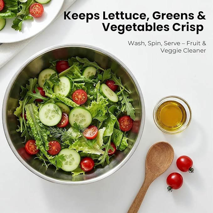 Stainless Steel Salad Spinner Large - Fruit and Vegetable Wash Bowl with Strainer - Lettuce Spinner, Fruit Cleaner, Collapsible Salad Dryer 5.3 Quart Capacity