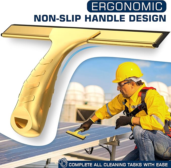 OVSGTTZ All-Purpose Shower Squeegee for Shower Glass Doors with 2 Adhesive Hook, Stainless Steel Squeegee for Bathroom, Household Window, Mirrors, Tiles and Car Windows 10 Inches, Clear, Golden