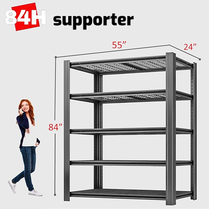 LI JIU HOME 5 Tier Metal Shelving Unit, Adjustable Storage Shelves, 84" H x 55" W x 24" D Heavy Duty Garage Shelves for Warehouse, Basement, Kitchen, Pantry, Living Room, Black (5T 84 * 55 * 24)