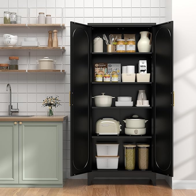 75" Tall Pantry Storage Cabinet, Tall Kitchen Pantry Storage Cabinet with Doors and 4 Adjustable Shelves, Freestanding Cupboard for Kitchen, Dining Room, Living Room, Bathroom, Black