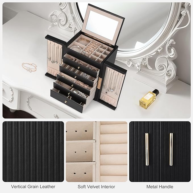 Dajasan Large Jewelry Organizer Box with 5 Drawers, Jewelry Box for Women, 6-Tier Jewelry Storage Organizer with Mirror for Necklace Ring Bracelet Watch, Gift Idea (Black)