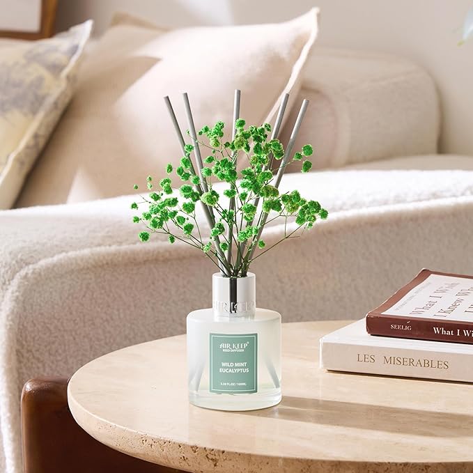 Airkeep Reed Diffuser Set,3.38 fl oz (100 ml) - Wild Mint&Eucalyptus Oil Diffusers with 8 Reed Sticks, Home Fragrance Reed Diffuser for Bathroom Shelf Decor