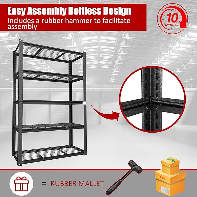 BlueWish 2500LBS Wire Rack Shelving, 20”D x 48”W x 72”H Storage Racks and Shelving with Reinforced Wire Partition, Double Column, Heavy Duty Garage Shelves for Warehouse Closet Kitchen, Black