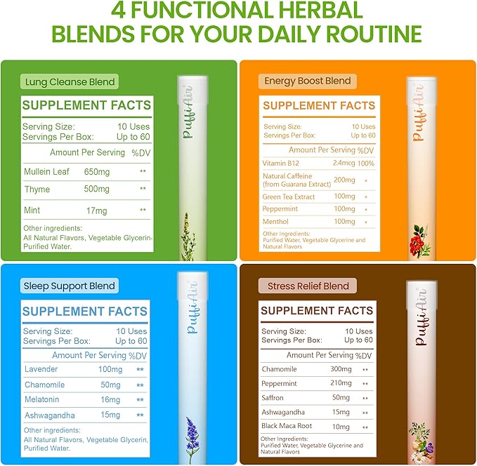 PUFFIAIR 4-Pack Herbal Diffuser Pen | Clean Botanical Aromatherapy Pens with 4 Variety Scents | Cool Mint & Herbal Fragrances | Smooth Daily Aromatherapy Experience | 600 Uses Per Pen