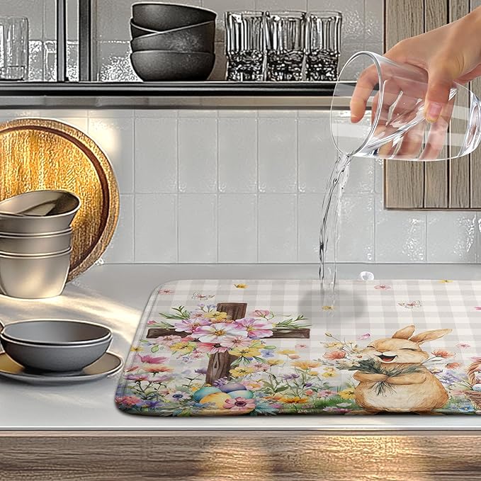 Easter Bunny Dish Drying Mats Spring Floral Dish Mat Easter Cross Eggs Drying Matt Dishes Dryer Pad for Kitchen Counter Absorbent Microfiber Washable Foldable Reusable 18x24 in