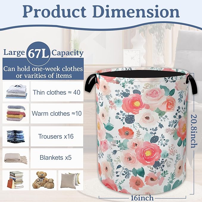 Pink Flowers Laundry Basket,Foldable Waterproof Oxford Cloth Tote Bag Cactus Laundry Hamper with Handles,20.8"x16" Clothes Storage Bucket Organizer for Laundry Room, Bathroom, Bedroom
