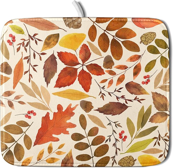Fall Dish Drying Mat for Kitchen Counter 18x16 Inch Watercolor Autumn Maple Leaf Drying Mat with Absorbent Reversible Microfiber Dish Drainer Mats Rack Pad for Coffee Bar Countertop Protector