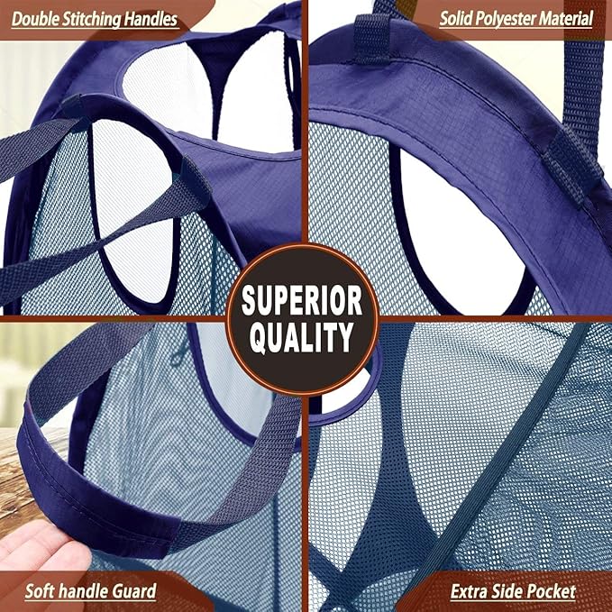 HOUSE AGAIN [Reinforced] Strong Mesh Pop-up Laundry Hamper, Quality Collapsible Laundry Basket with Durable Handles Solid Bottom High Carbon Steel Frame, Easy to Open and Fold Flat for Storage(Blue)