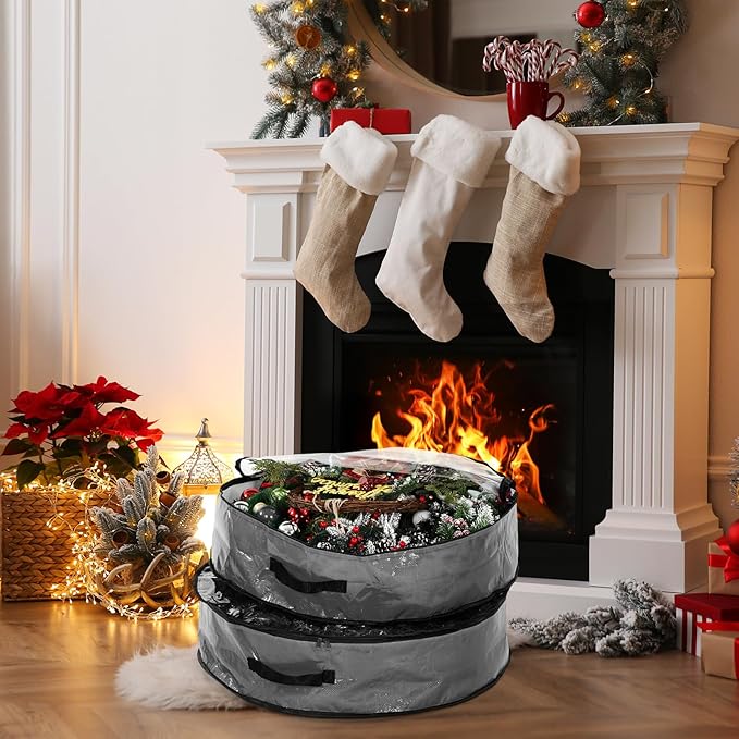 Aliceset 4 Pack Wreath Storage Containers, Christmas Ornament Garland Wreath Storage Bags with Handle Dual Zipper Large Decorative Storages Box for Winter Wreaths(30 x 30 x 7.8 Inch,Gray)