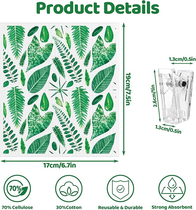 Needbrock 6 Pack Swedish Dishcloths for Kitchen, Swedish Rags Absorbent Green Leaf Dish Cloths Dish Towels with Adhesive Clips, Reusable Paper Towels No Odor for Cleaning Home Kitchen