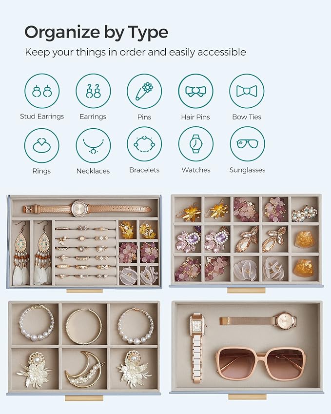 SONGMICS Jewelry Box Organizer with Glass Lid, 4-Layer Jewelry Storage, with 3 Drawers, Modern Style, 6 x 9.9 x 8.5 Inches, Smoky Blue and Gold Color UJBC161Q01