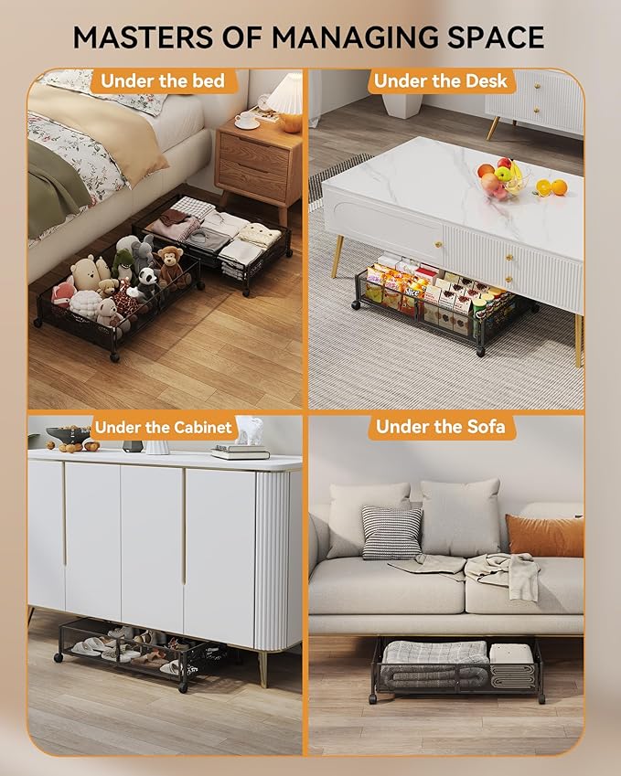 Under Bed Storage with Wheels, Foldable Pattern Carved Metal Under The Bed Storage, Tool-Free Assembly Under Bed Organizer, 60L Underbed Storage for Bedroom Clothes Blankets Shoes Toys-4 Pack