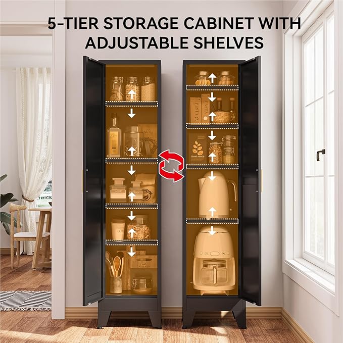 67" Tall Storage Cabinet with Reversible Doors and Adjustable Shelves,Metal Slim Freestanding Cabinets for Bathroom Kitchen Garage Small Spaces,Black