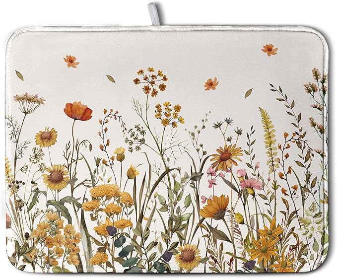Kwlegh Fall Floral Dish Drying Mat for Kitchen Counter Autumn Burnt Orange Wild Flowers Dish Draining Mat Absorbent Microfiber Dishes Pad Washable Dish Drainer Rack Mat Large 18"x24"
