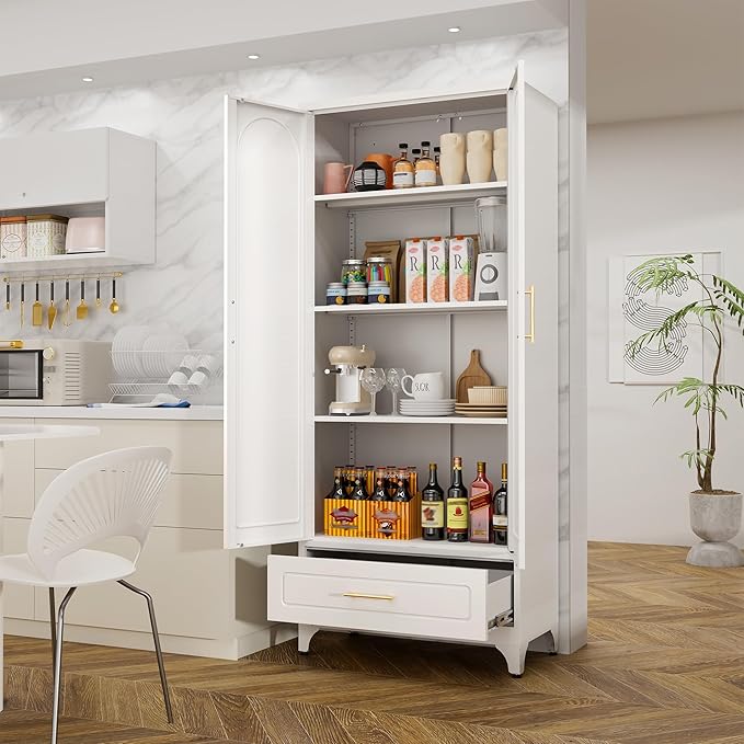 Metal Storage Cabinet with Doors and Shelves, 75" Tall Kitchen Pantry Storage Cabinets with Drawer, White Pantry Cabinet, Steel Office Cabinets, Large Cupboard - Assembly Required