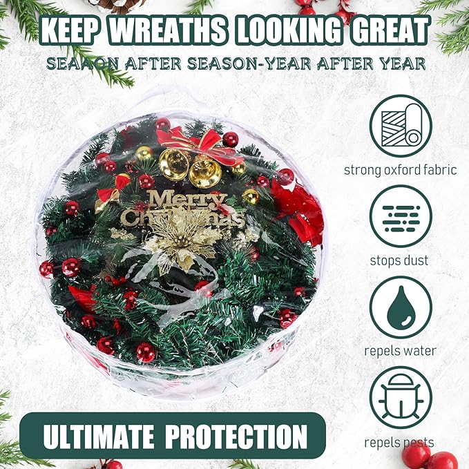 Zhengmy 10 Pcs 24 Inch Christmas Wreath Storage Bags Transparent Wreath Storage Container Bulk Wreaths Box with Dual Zippers and Handles for Xmas Holiday Wreaths Garland