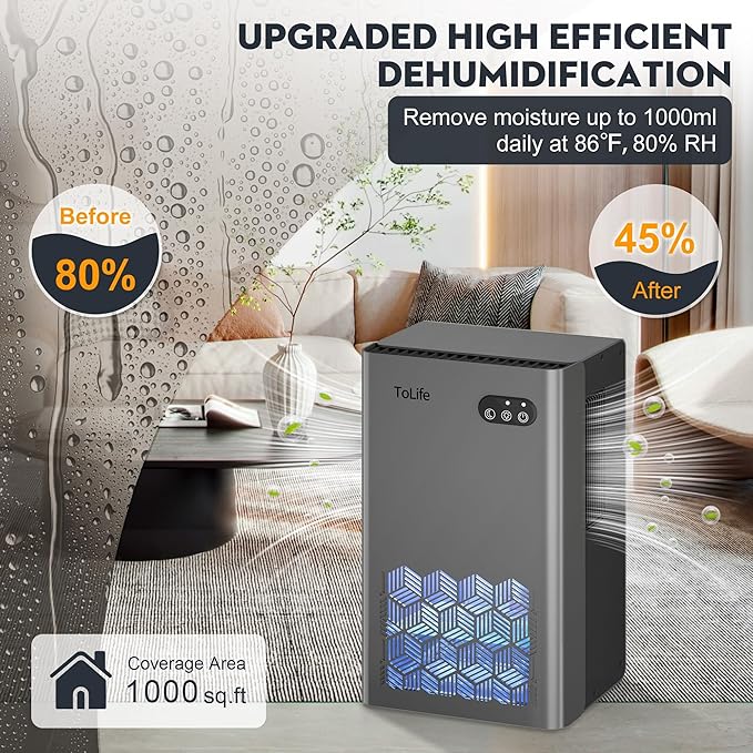 ToLife Dehumidifiers for Home, 1000 sq.ft Dehumidifier for Bedroom Bathroom Basement with 95 OZ Water Tank, Auto Shut Off 7 Colors LED Light, Gery