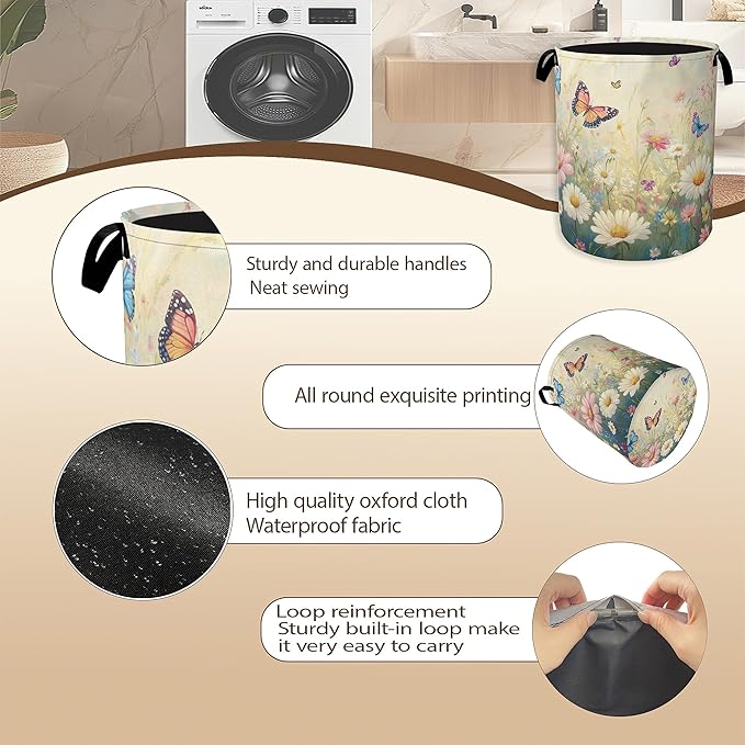 Spring Flowers Laundry Hamper,Watercolor Garden Wildflower Butterfly Collapsible Laundry Baskets,Waterproof Oxford Cloth Laundry Room Organization for Bedroom,Bathroom,Nursery,16x20 Inch