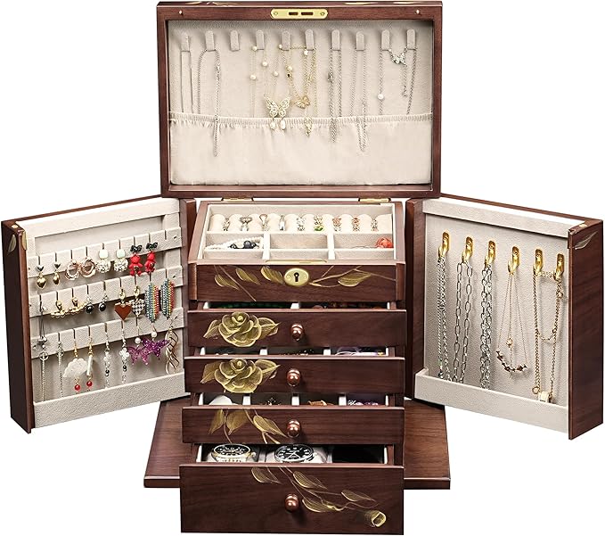 Hand-Painted rose Wooden Jewelry Boxes for Women - 8-Layer Large Lockable Jewelry Box with Compartments, Dresser Top Jewelry Organizer, Vintage Wooden Jewelry Storage