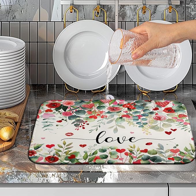 Wnoesat Valentines Day Love Heart Rose Eucalyptus Leaves Dish Drying Mat for Kitchen Counter 16x18 Inch Spring Valentine Microfiber Absorbent Dish Drainer Mats Reversible Drying Pad