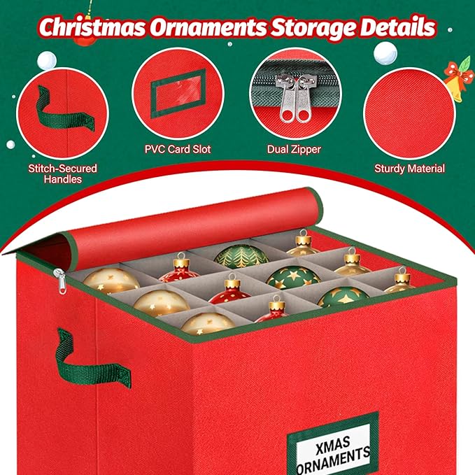 StorageRight Christmas Tree Bag & Ornament Storage Box 2Pcs Set, Waterproof 9 Ft Tree Storage & 64-Compartment Organizer with Dividers, Tag Pockets & Handles, Heavy-Duty Xmas Decor Containers, Red