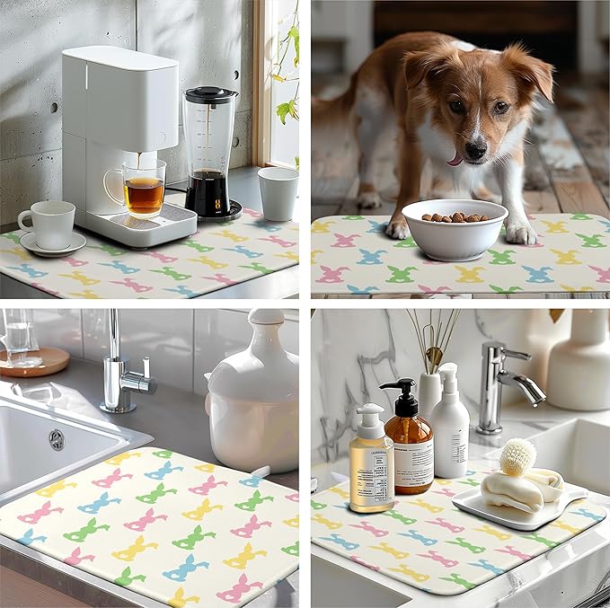 Easter Bunny Dish Drying Mat Colorful Cute Rabbits Kitchen Drying Mat Spring Microfiber Dish Dryer Pad Absorbent Reversible Dish Drainer Rack Mat Washable Dish Mat for Kitchen Countertop 18x24 Inch