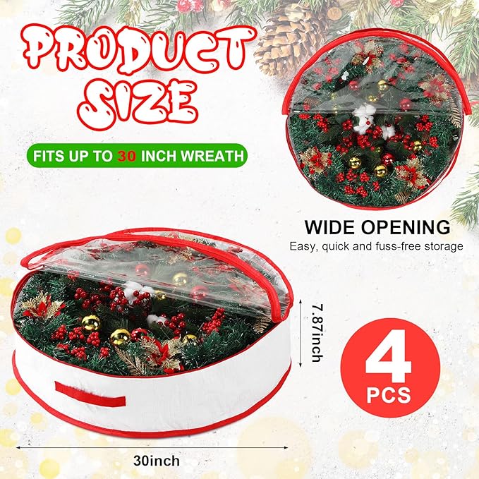 Aliceset 4 Pack Wreath Storage Containers, Christmas Ornament Garland Wreath Storage Bags with Handle Dual Zipper Large Decorative Storages Box for Winter Wreaths(30 x 30 x 7.8 Inch,White)