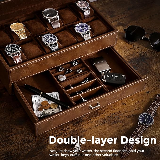 BEWISHOME Watch Box for Men, 12-Slot Watch Case, 2-Layer Watch Case With Drawer, Mens Jewelry Box with Large Glass Lid, Watch Display Case Watch Holder Organizer Watch Storage for Men Women Espresso
