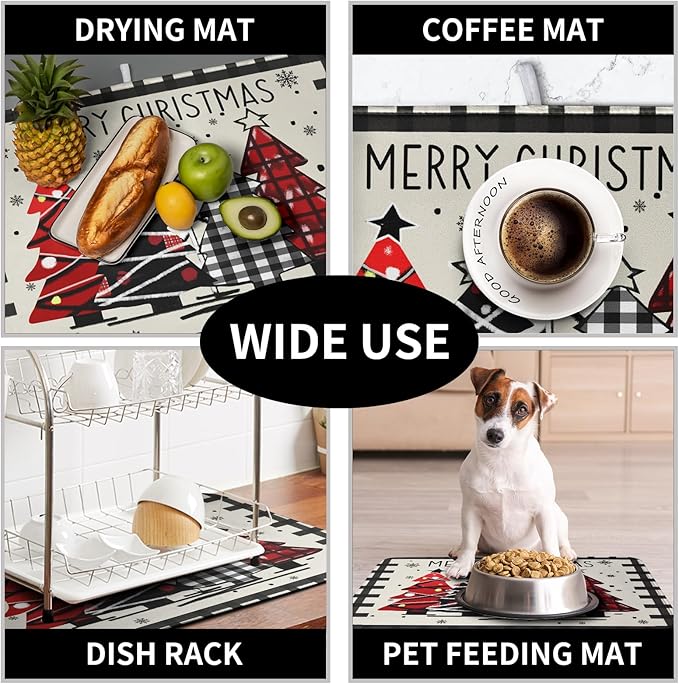 Kwlegh Merry Christmas Dish Drying Mats for Kitchen Counter 16x18 Buffalo Plaid Christmas Tree Microfiber Absorbent Drying Mat Seasonal Winter Holiday Drying Pad Dish Drainer Mat for Coffee Bar Sinks
