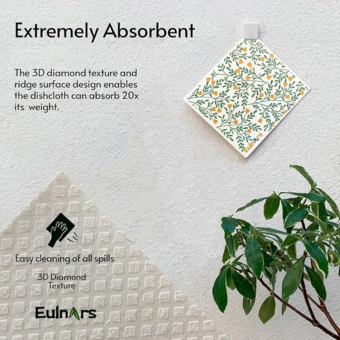 Eulnars Swedish Dishcloths for Kitchen, 8 Pack Green Reusable Paper Towels with Clips, Non-Scratch Swedish Kitchen Towels, Super Absorbent Cellulose Sponge Cloths, Dishwasher Safe, No Odor