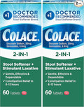 Colace 2-in-1 Stool Softener Plus Stimulant Laxative for Gentle Effective Constipation Relief, Docusate Sodium Plus Sennosides, 60 Count (Pack of 2)