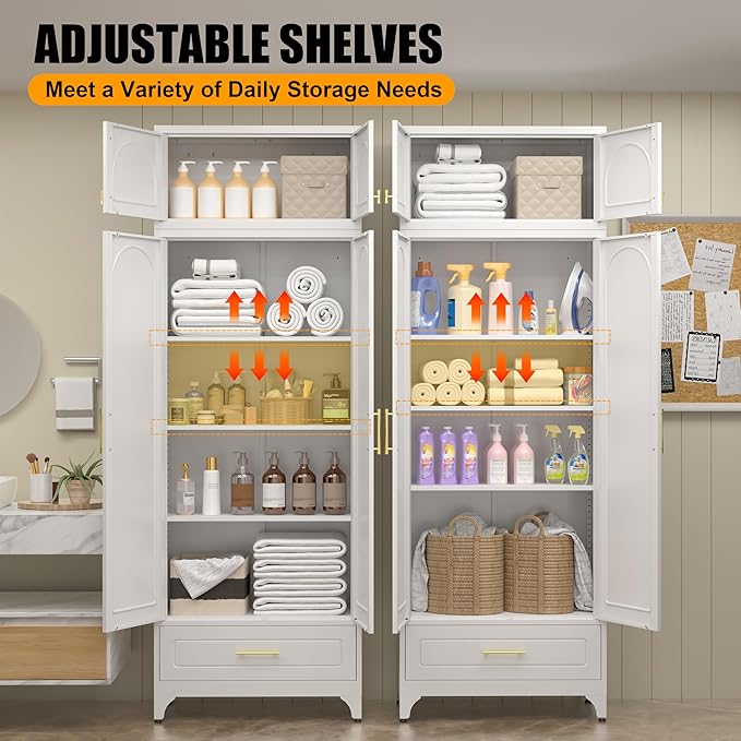 Metal Storage Cabinet with Drawer, 90" Tall Kitchen Pantry Storage Cabinets with Doors and Adjustable Shelves, White Pantry Closet, Steel Large Cupboard, High Leveling Feet- Assembly Required