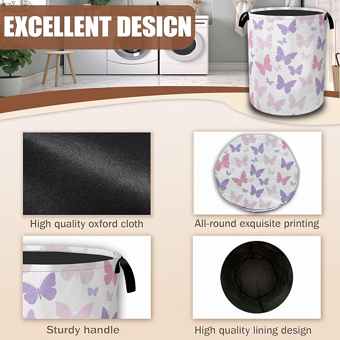 Butterfly Laundry Basket,Waterproof Foldable Pink Purple Butterflies Laundry Hamper,Dirty Clothes Basket, Linen Bin Storage Organizer Collection 16" x 20.8"
