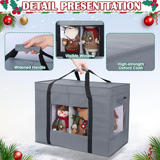 Christmas Figurine Storage Box, 24”x18”x15” Ornament Storage Box, 2025 UpgradeNutcracker Storage Box, Figurine Storage with Dividers, Adjustable Extent Area for Figurines and Pocket, Grey