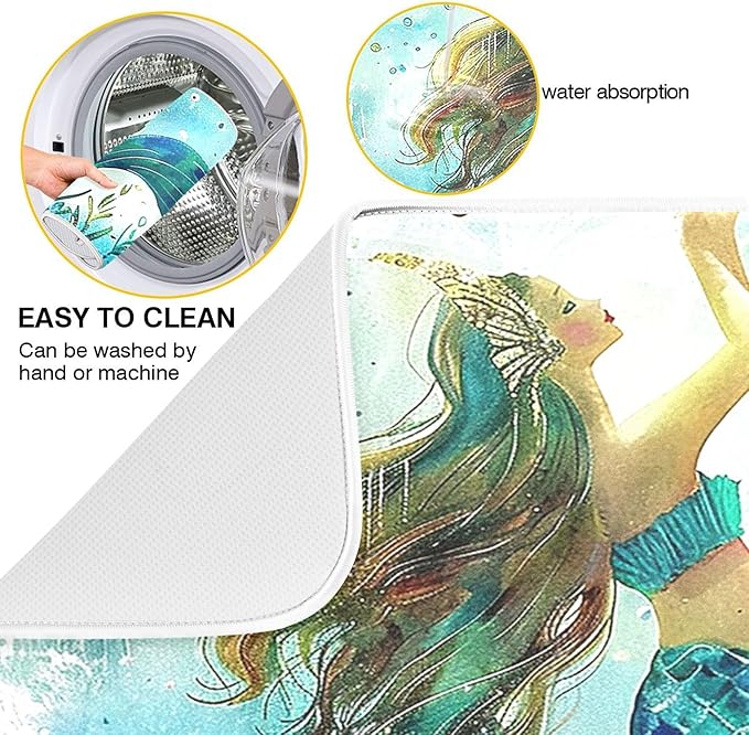 Mermaid Aqua Dish Drying Mat for Kitchen Countertop 16x18 Nautical Theme Ocean Turquoise Blue Small Drying Mat Reusable Quick Dry Dish Sink Mats Easy Clean Decorative Essentials