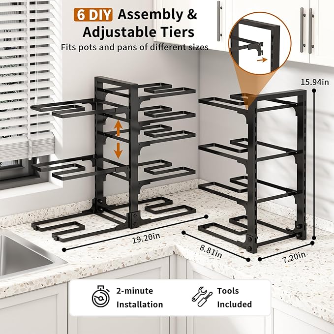 Fovkdcvw Adjustable Pots and Pans Organizer Under Cabinet, 8-Tier Pot and Pan Organizers Inside Cabinet, Kitchen Cabinet Organizers and Storage, Black